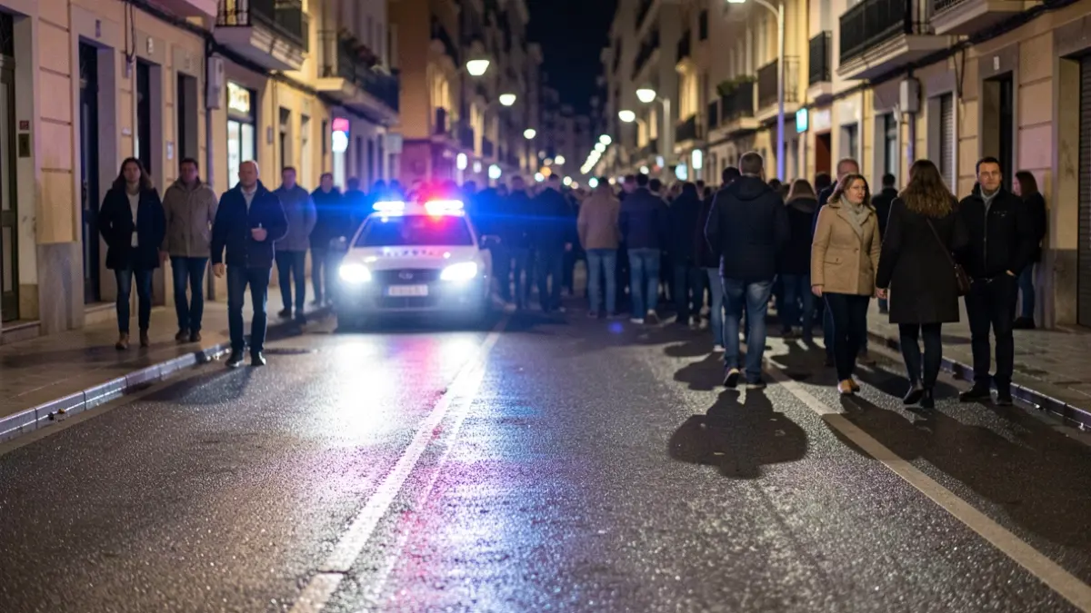Imagen genérica de luces de emergencia policiales reflejándose en asfalto mojado por la noche.