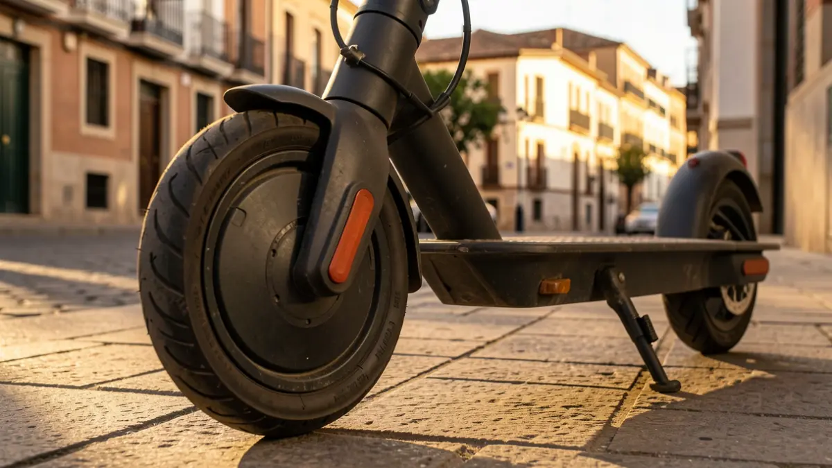 Close-up of an electric scooter wheel parked on a stone-paved sidewalk in Fuenlabrada at dusk.