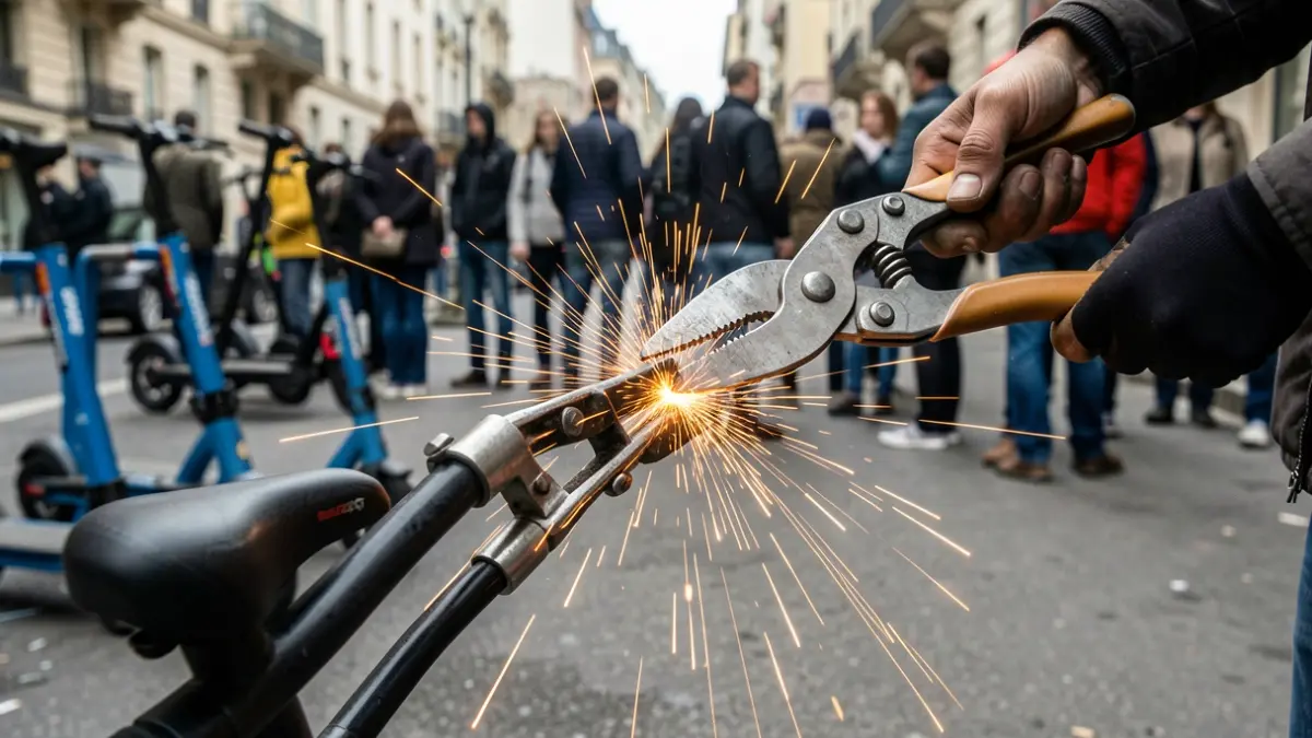 Close-up of a bicycle lock being cut with shears, with blurred electric scooters in the background.