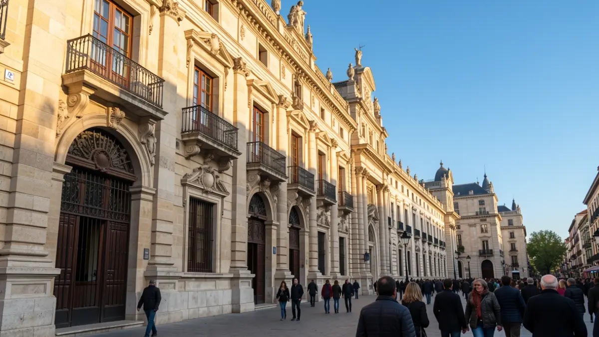 Historic building facade in Madrid with architectural details.