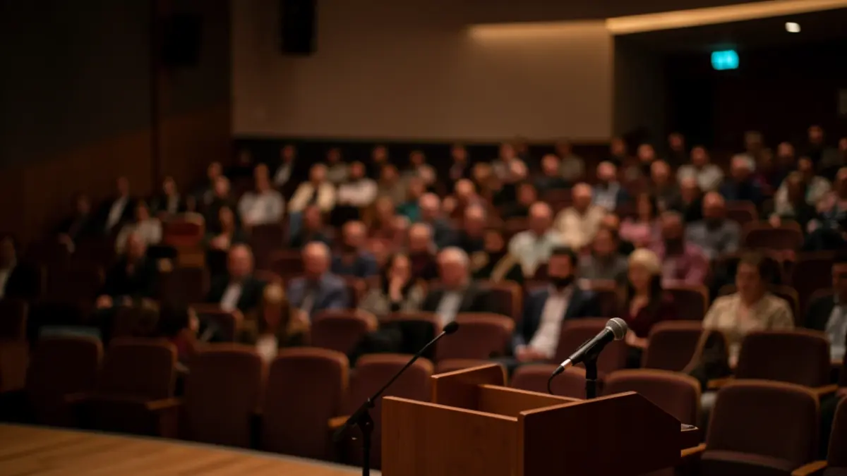 Generic image of an empty auditorium with a microphone on the stage.