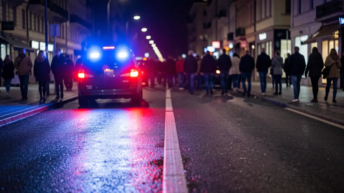 Generic image of emergency lights reflected on asphalt at night.