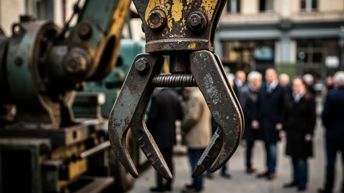 Close-up of an industrial mechanical claw with blurred machinery in the background.