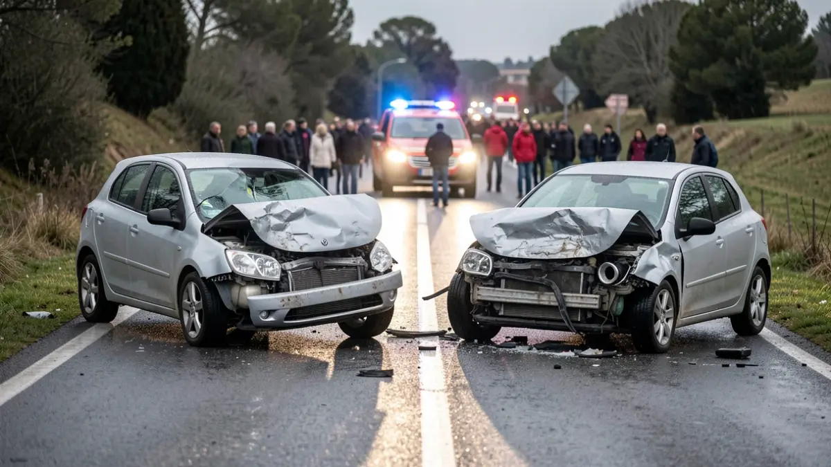 Severely damaged vehicles after a head-on collision in Pelayos de la Presa.