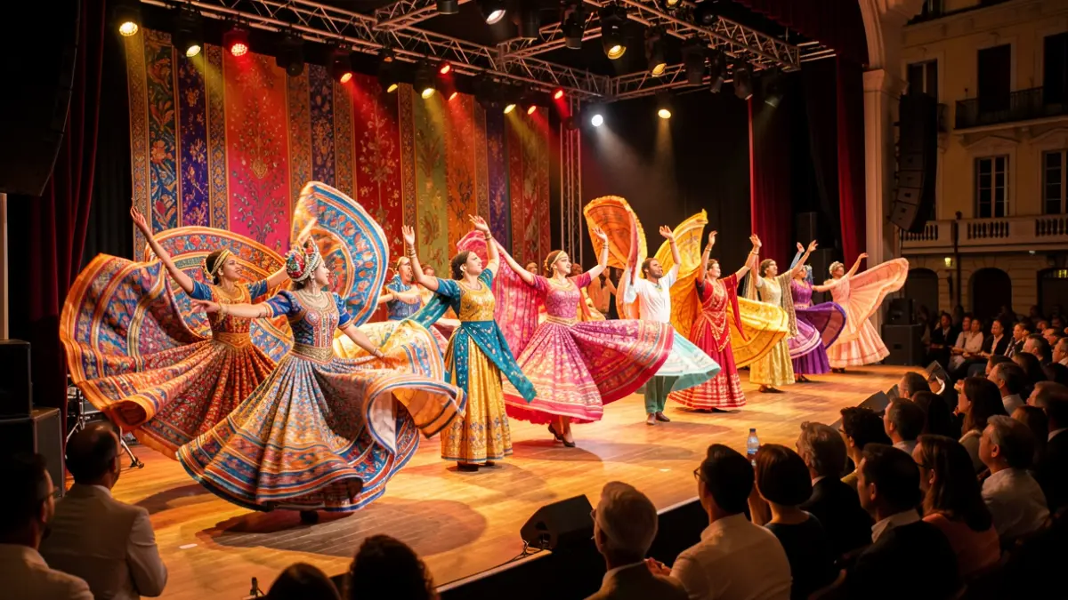 Escena de danza inspirada en el viaje del pueblo gitano, con elementos visuales de Rajastán y España.