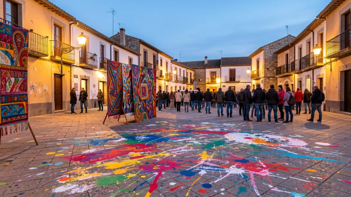 Plaza pública en un pueblo español al atardecer con arte textil y pintura.