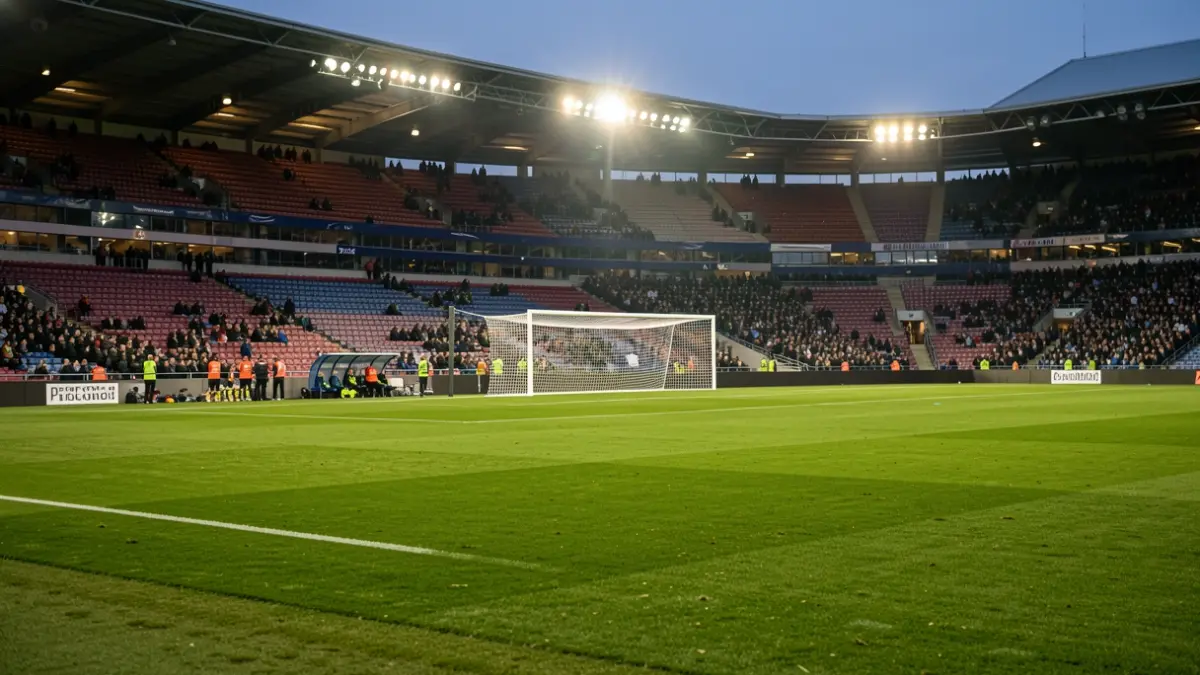 Imagen genérica de un estadio de fútbol vacío al atardecer, con el césped y la portería iluminados.