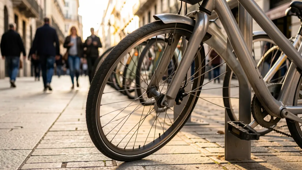 Image of a rental bicycle on a street in Madrid.