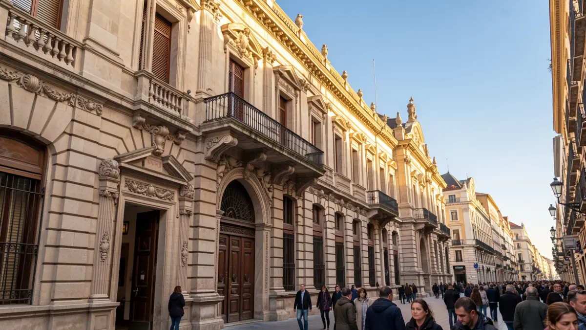 Fachada histórica de un edificio en Madrid con detalles arquitectónicos.