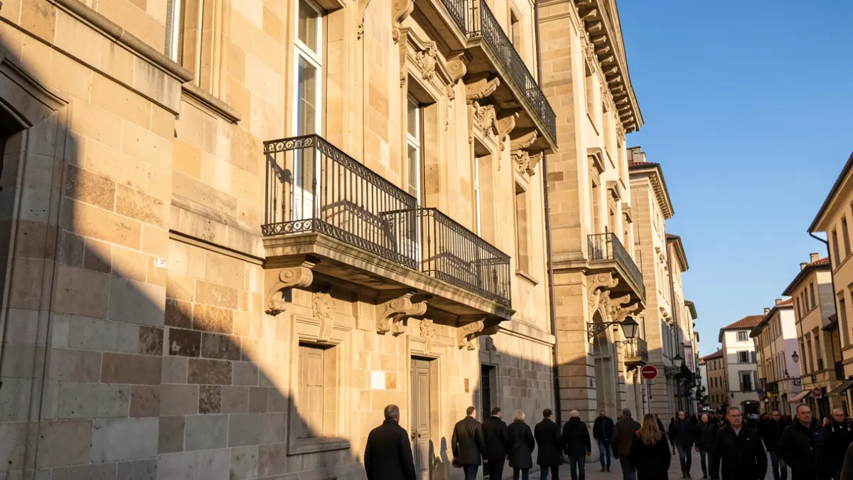 Fachada del Ayuntamiento de Pinto con balcones de hierro y luz de tarde.