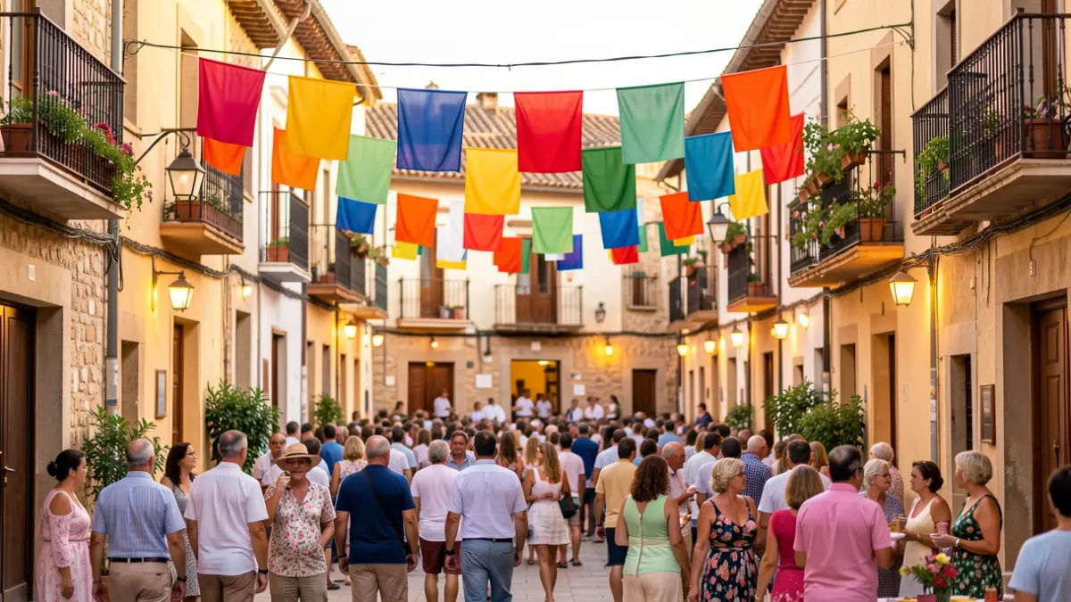 Town square in a Spanish village during a summer festival with a festive atmosphere.