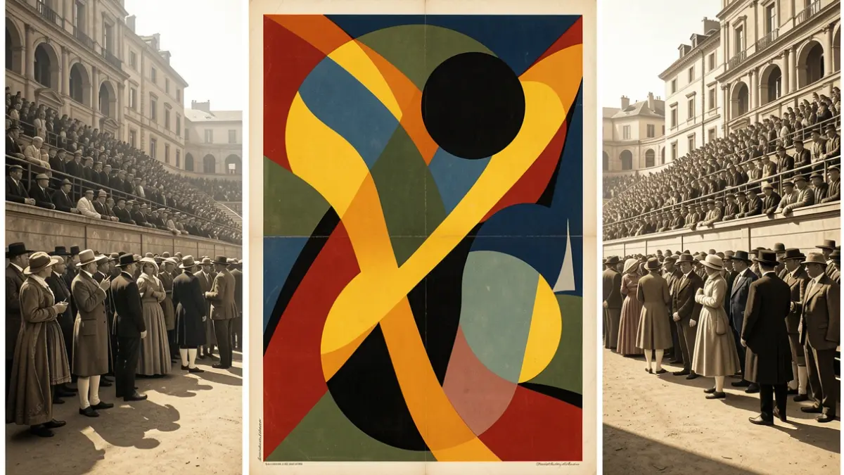 Avant-garde bullfighting poster with abstract graphic design and limited colors.