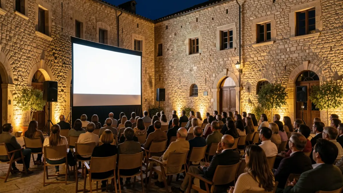 Outdoor cinema setting in a historic venue at night.