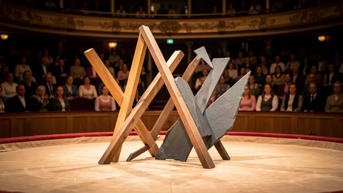 Image of a contemporary circus performance with symbolic elements and blurred audience.