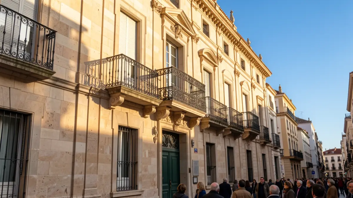 Fachada de un ayuntamiento de la Comunidad de Madrid con balcón y barandillas de hierro, luz cálida de la tarde.