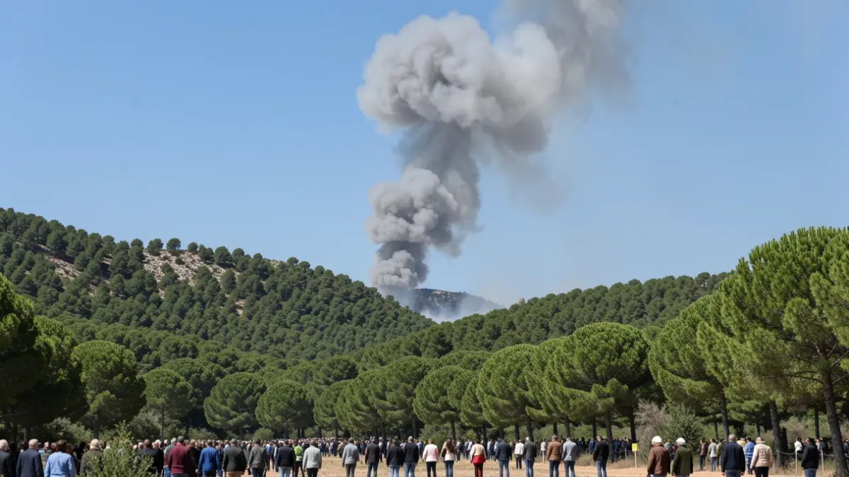 Column of smoke over a pine forest in the Sierra Oeste of Madrid.