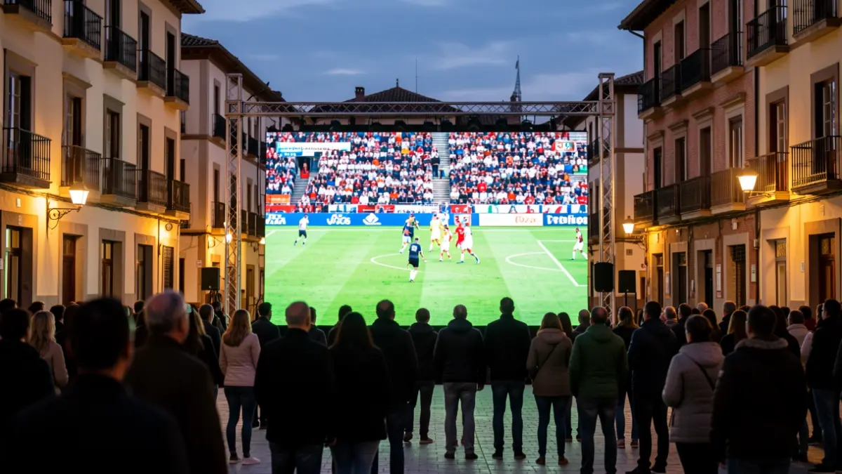 Pantalla gigante instalada en la Plaza de España de El Escorial para ver el partido de fútbol.