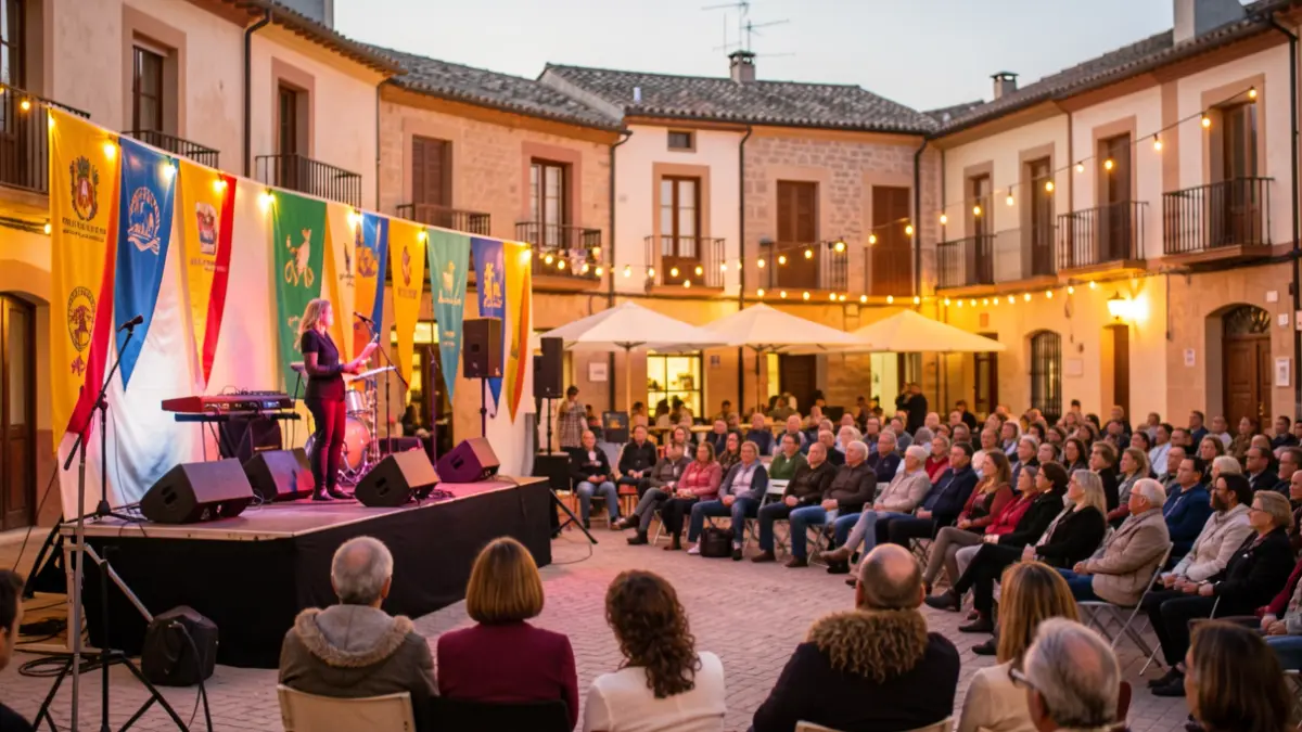 Escena genérica de un escenario al aire libre en una plaza pública durante un festival de verano.