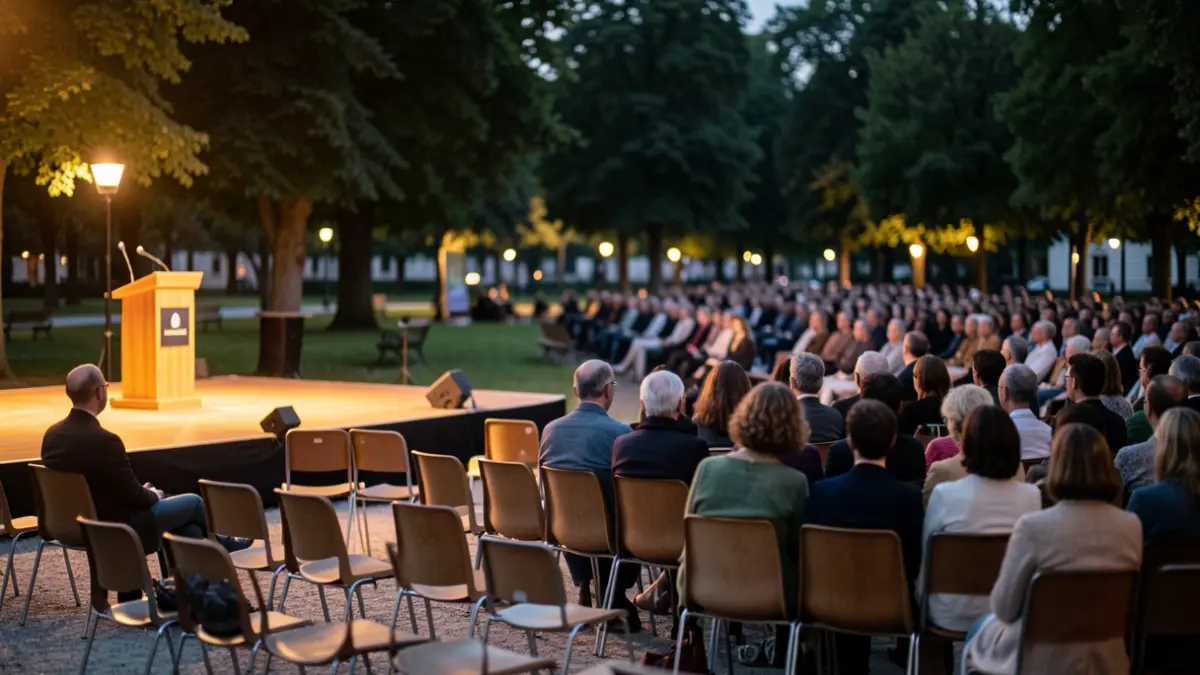 Escenario al aire libre en un parque durante el atardecer con iluminación ambiental.