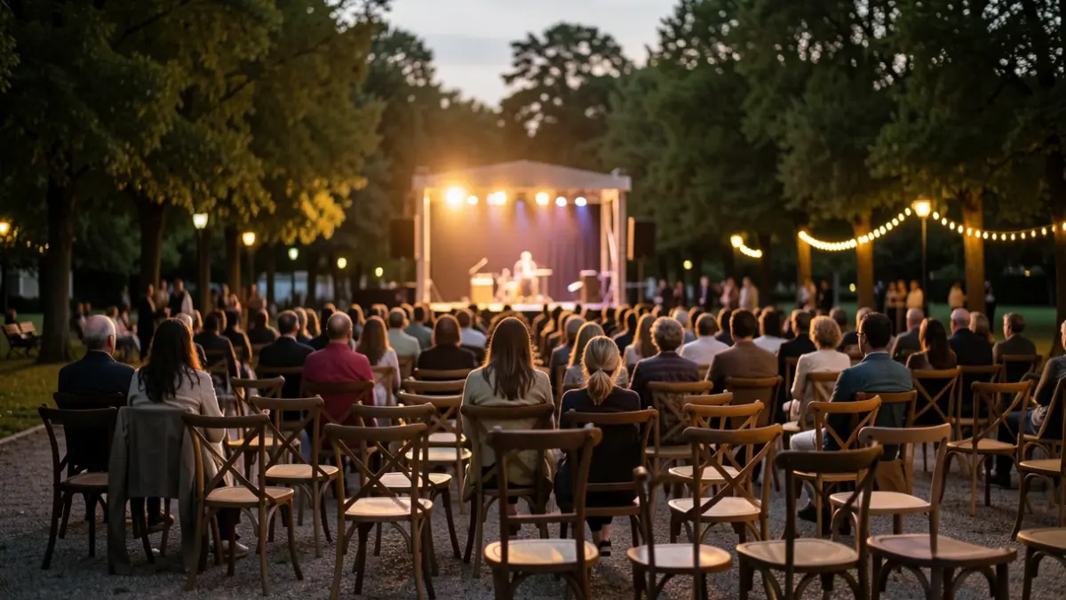 Escenario al aire libre en un parque durante el atardecer con iluminación ambiental.