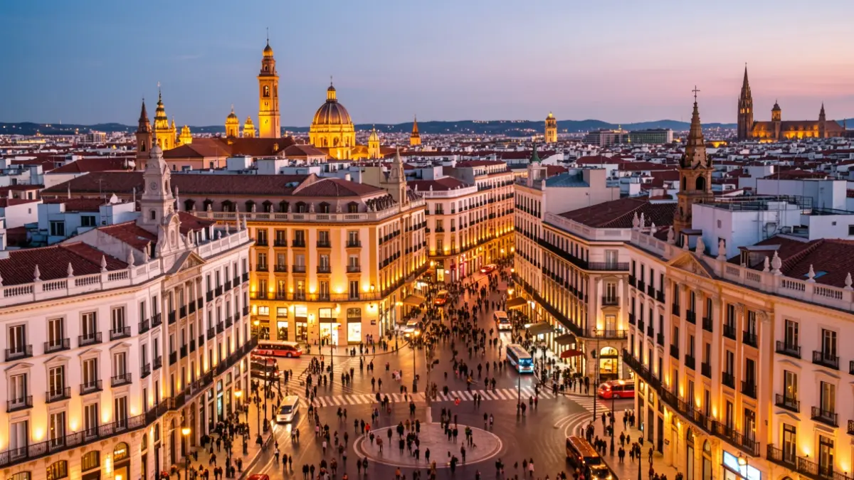Vista panorámica de la ciudad de Madrid al atardecer, con edificios iluminados y ambiente de actividad.