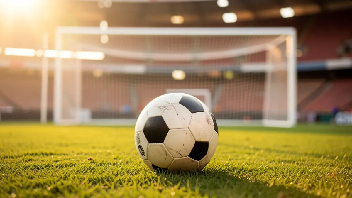 Imagen genérica de un balón de fútbol sobre el césped de un estadio al atardecer.