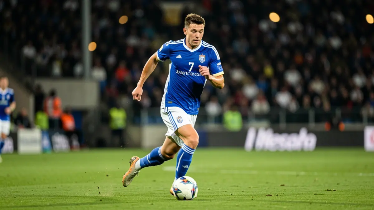 Football player with the ball on a grass field, with blurred stadium lights in the background.