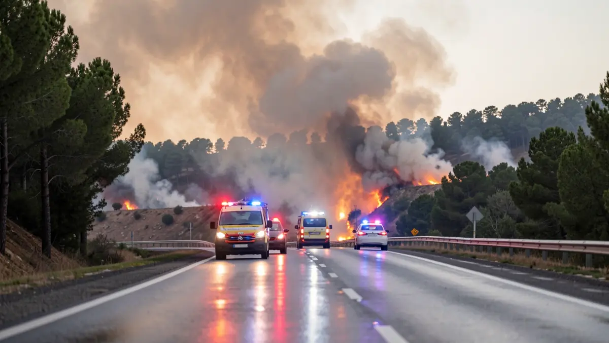 Imagen de humo de un incendio forestal en la Comunidad de Madrid con luces de emergencia.