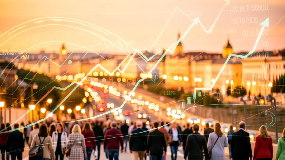 Imagen genérica de crecimiento económico y turismo en Madrid con elementos abstractos.