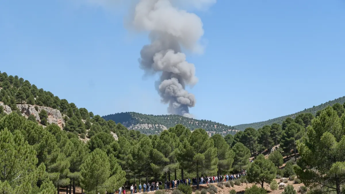 Column of smoke over a forest in the Sierra Oeste of Madrid.
