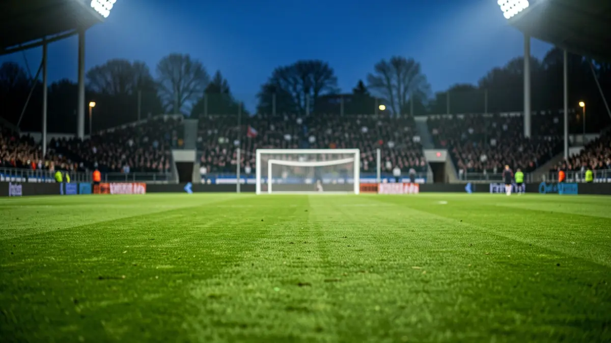 Generic image of a football field at dusk with lights.