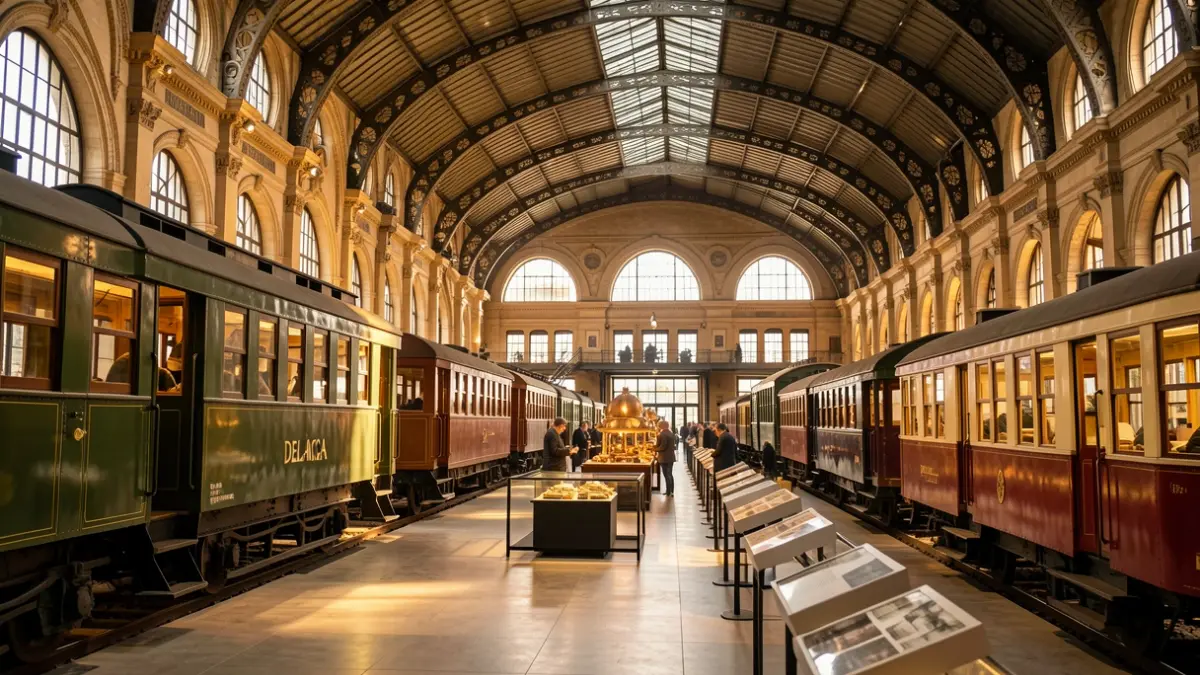 Interior of the Madrid Railway Museum with vintage trains and exhibitions.