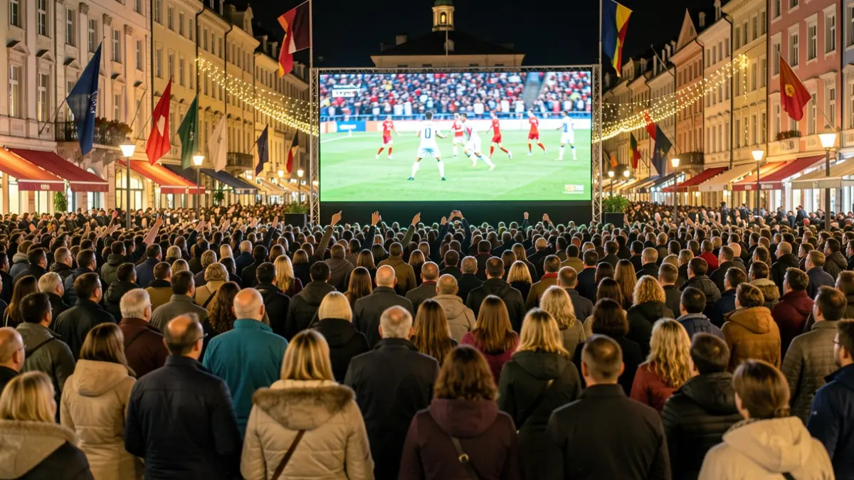 Generic image of a crowd watching a football match on a giant screen in a public square.