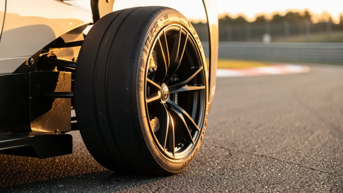 Imagen de un neumático de competición sobre el asfalto de un circuito.