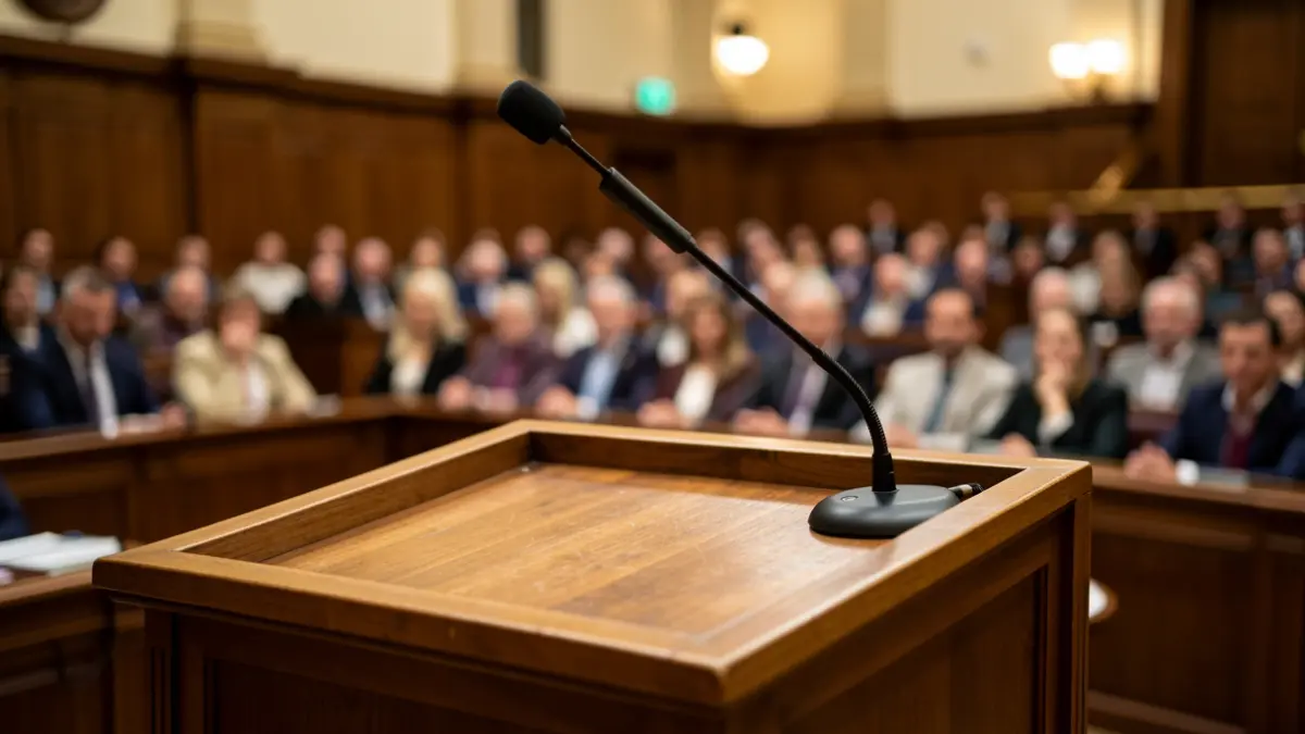 Generic image of a podium with a microphone in an institutional meeting room.
