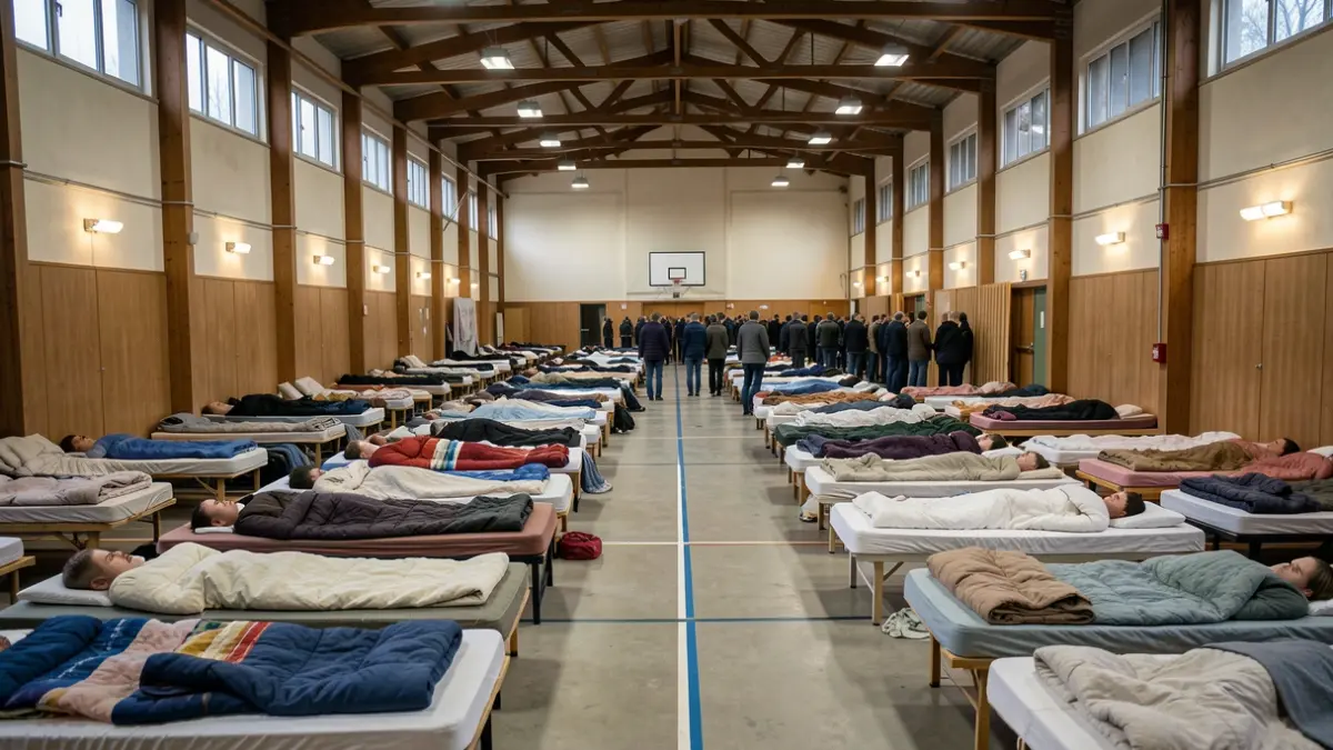 Imagen genérica de un polideportivo habilitado como centro de acogida con camas dispuestas para evacuados.