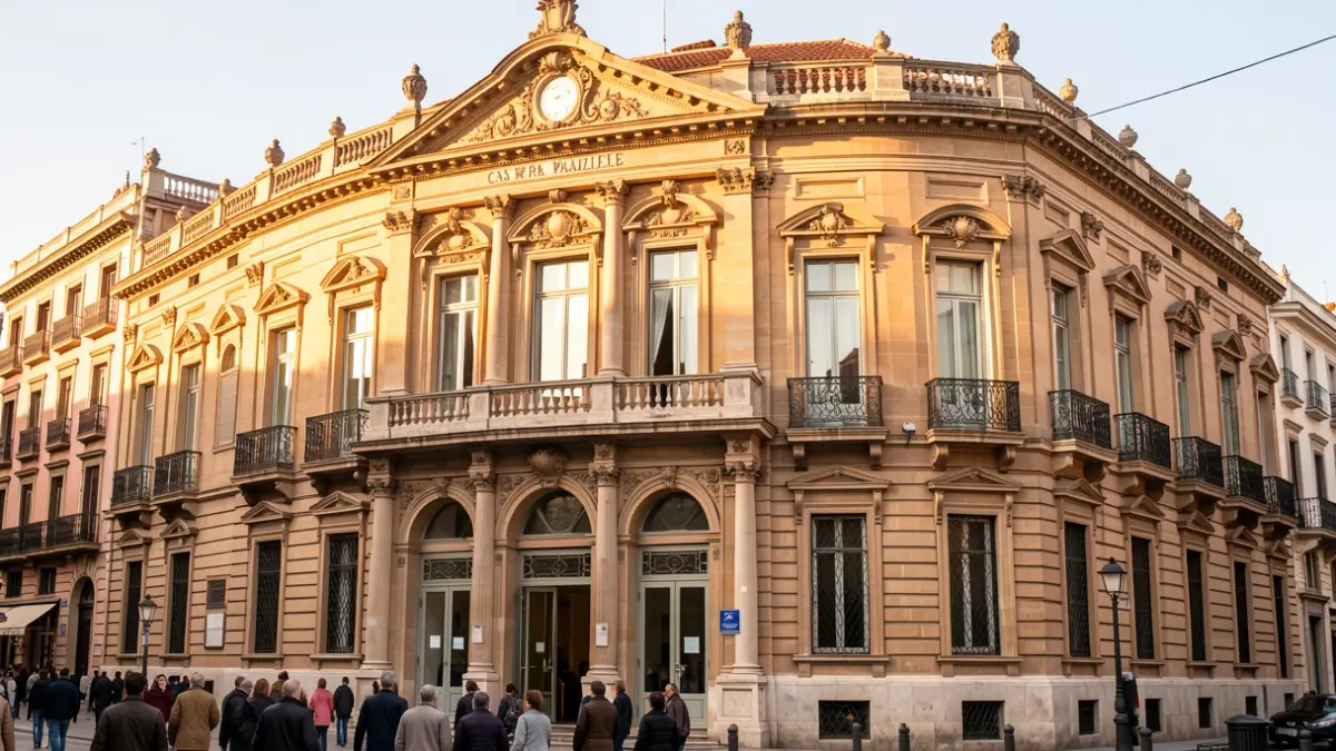 Facade of the historic Casa Palazuelo building in Madrid, designed by Antonio Palacios, with ornate architectural details and large windows.