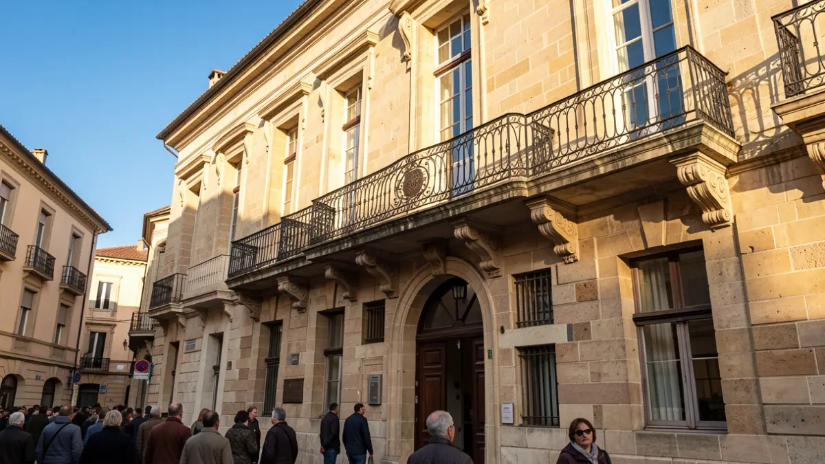 Facade of a town hall building with an iron balcony under sunlight.