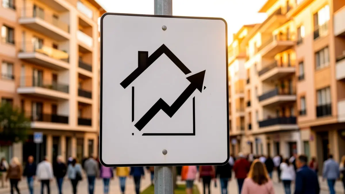 Gráfico ascendente sobre un cartel inmobiliario con edificios de fondo.