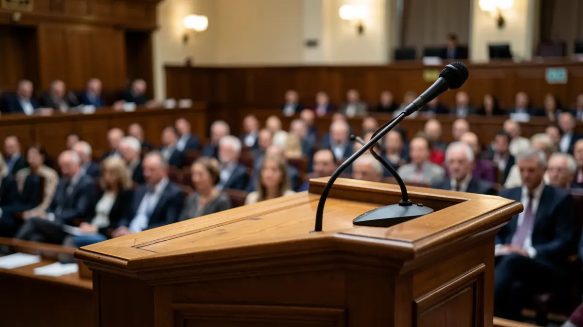 Generic image of a podium with a microphone in a plenary hall.
