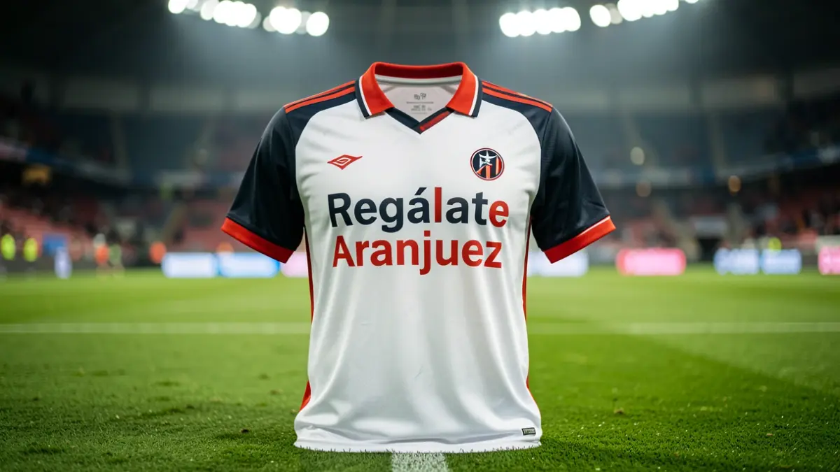 Real Aranjuez C.F. football jersey with the slogan 'Regálate Aranjuez' on the pitch.
