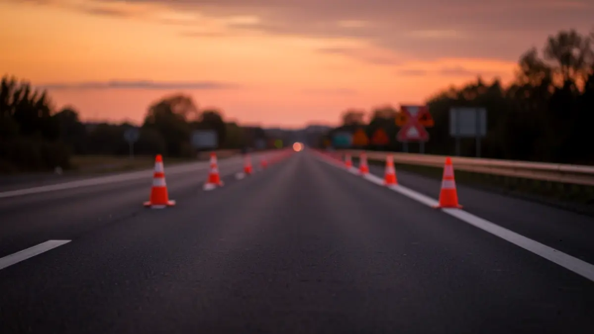 Generic image of a road under construction at sunset.