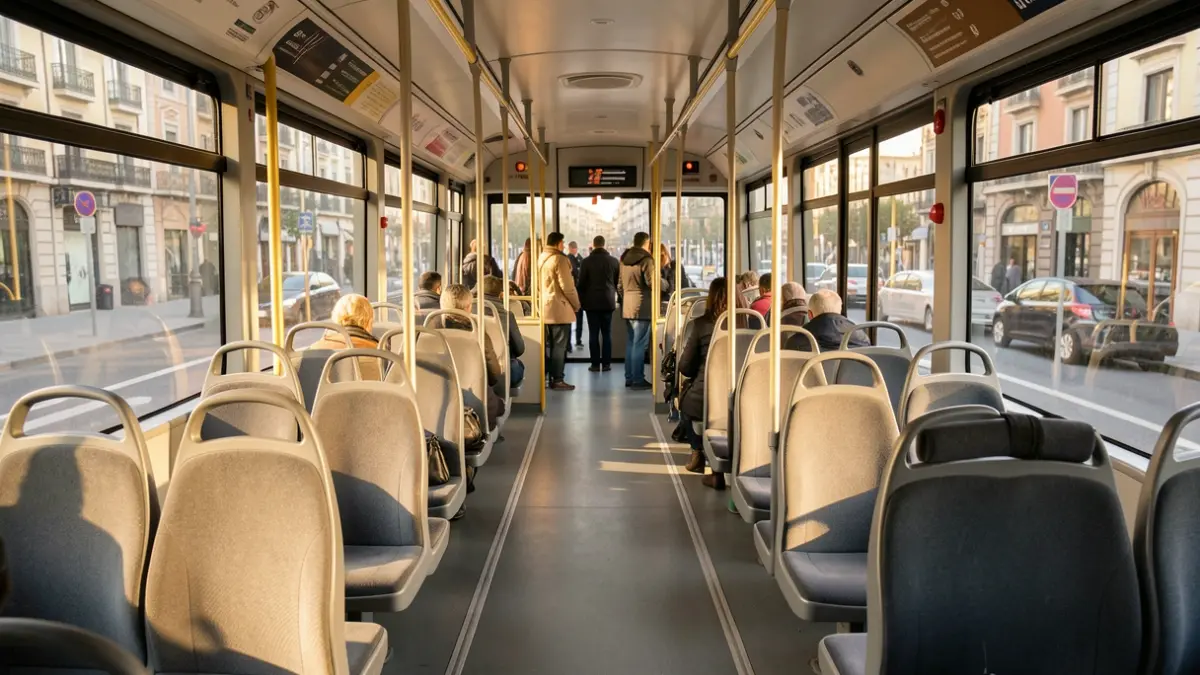 Interior of a Madrid city bus with empty seats and sunlight.