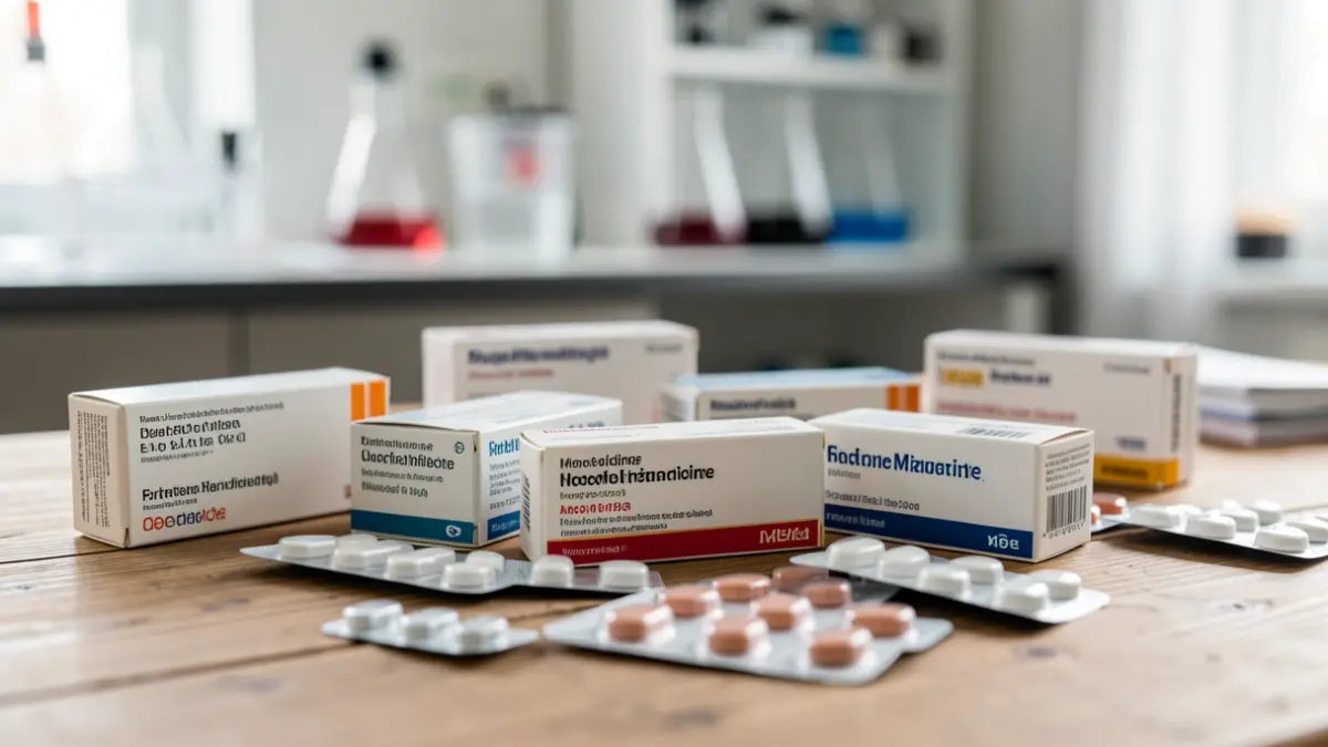 Cajas de medicamentos y blísteres sobre una mesa de madera.