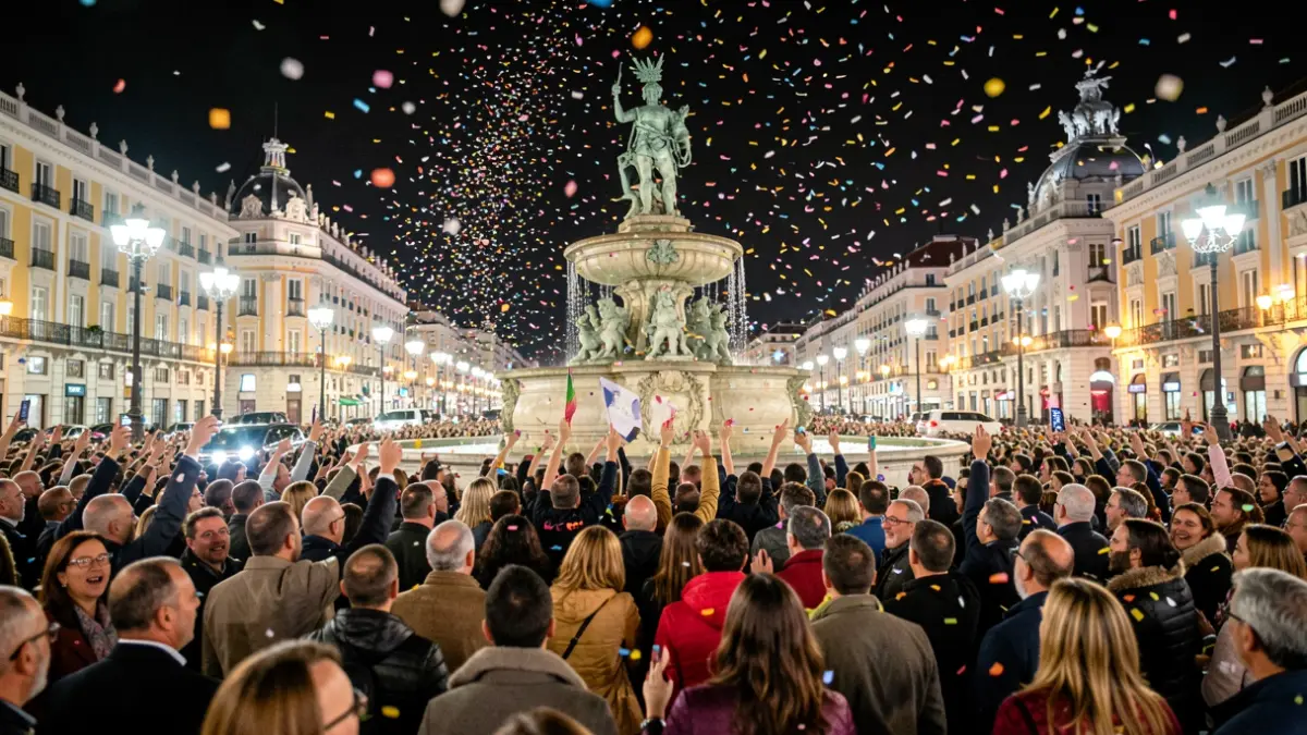 Imagen genérica de una multitud celebrando en la Plaza de Cibeles de Madrid por la noche.