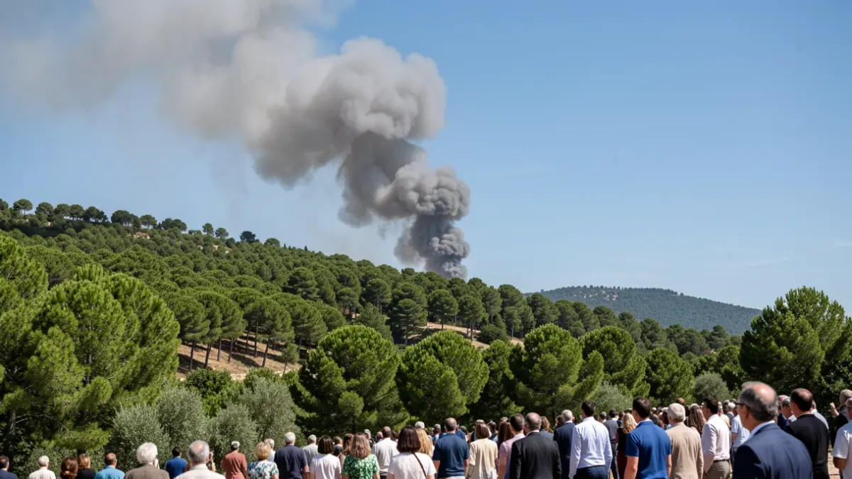 Columna de humo sobre un bosque de pinos en un paisaje mediterráneo.