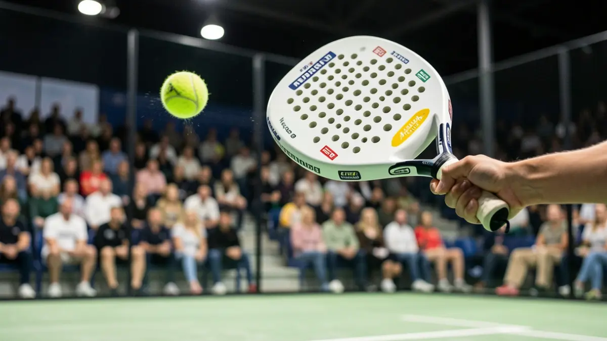 Close-up of a padel racket hitting a ball on a court, with blurred spectators in the background under stadium lights.
