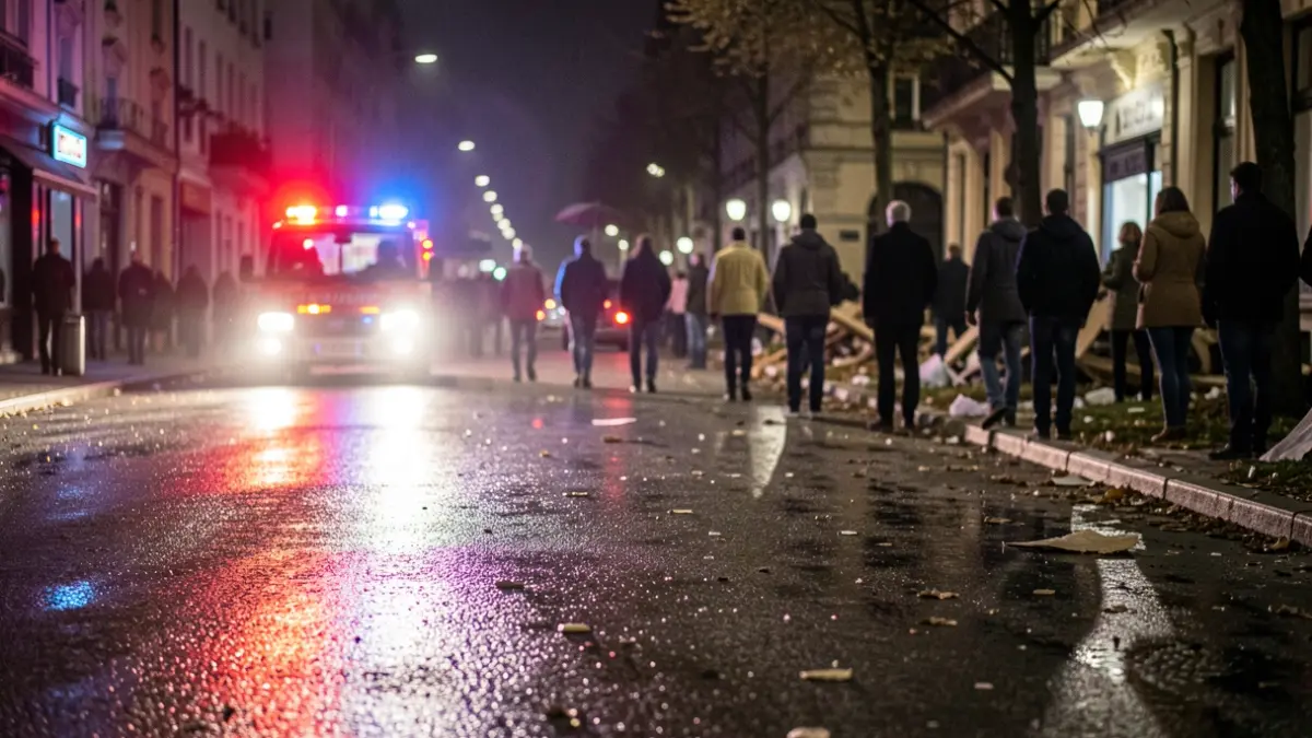 Generic image of emergency lights reflecting on wet asphalt at night.