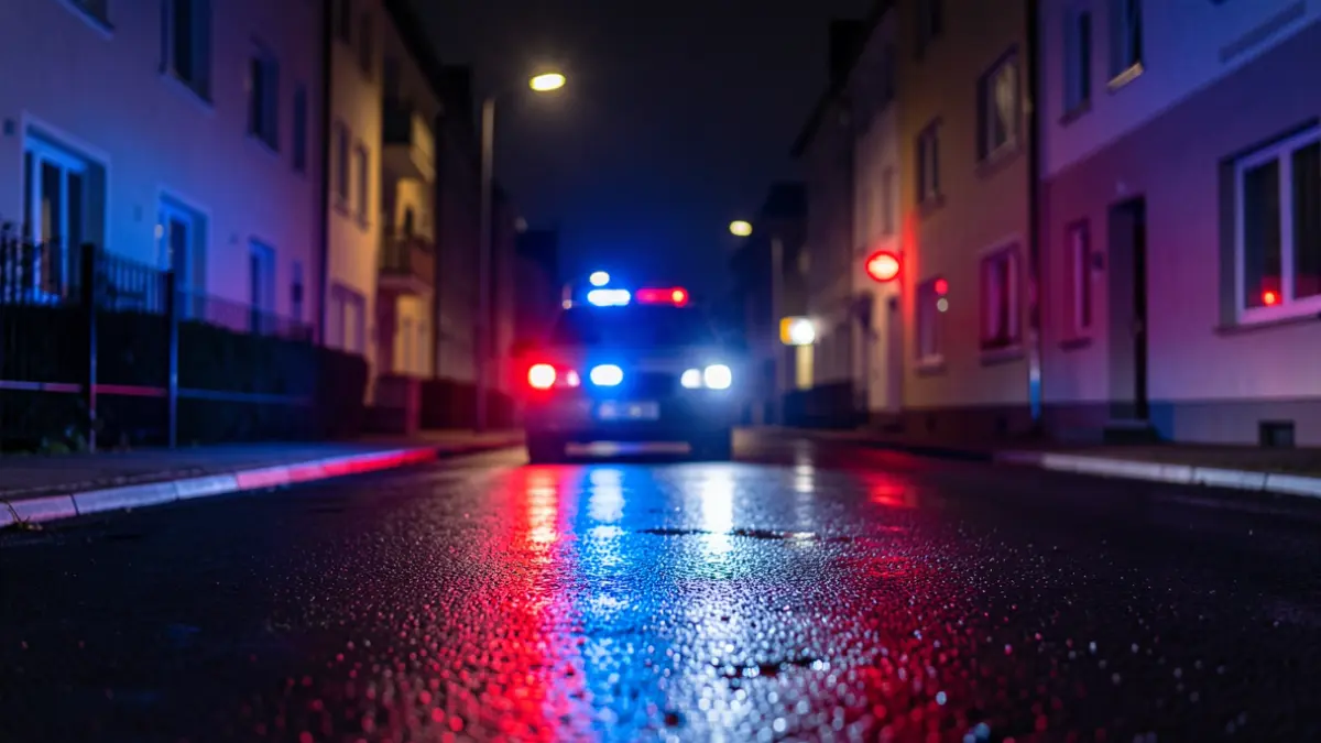 Generic image of emergency lights reflected on asphalt during a night intervention.