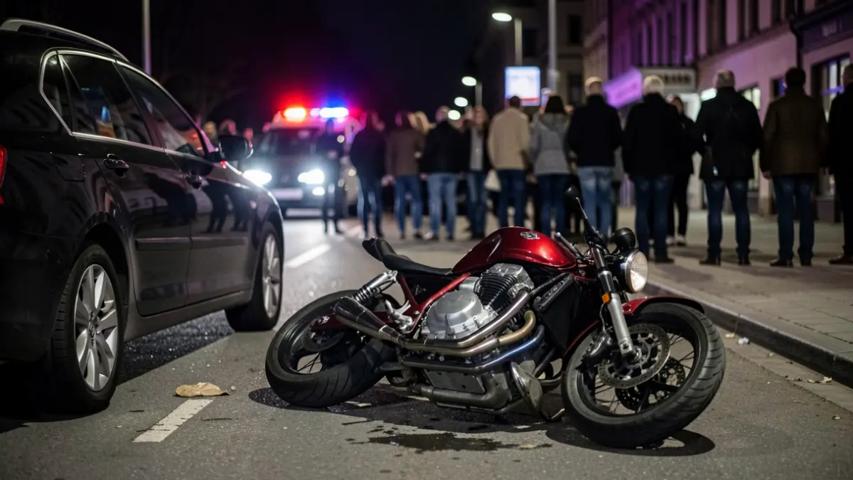 Generic image of a motorcycle accident with a parked car on a road at night.
